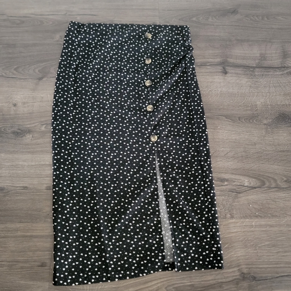 Women's maternity adjustable waist heart print button front split skirt size L